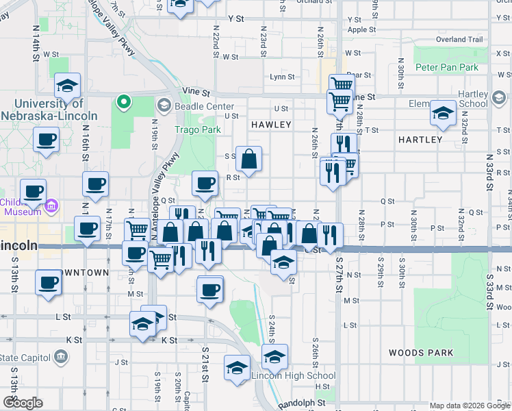 map of restaurants, bars, coffee shops, grocery stores, and more near 211 North 24th Street in Lincoln