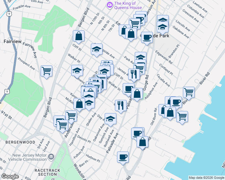map of restaurants, bars, coffee shops, grocery stores, and more near 281 John Street in Cliffside Park
