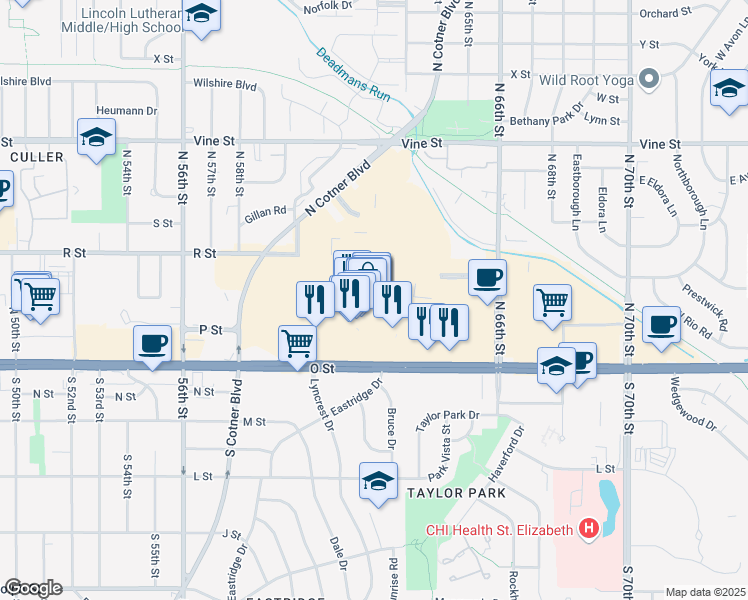 map of restaurants, bars, coffee shops, grocery stores, and more near 116 Gateway Mall in Lincoln
