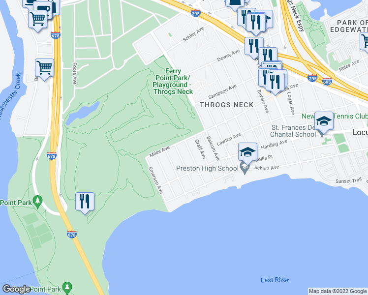 map of restaurants, bars, coffee shops, grocery stores, and more near 261 Davis Avenue in Bronx