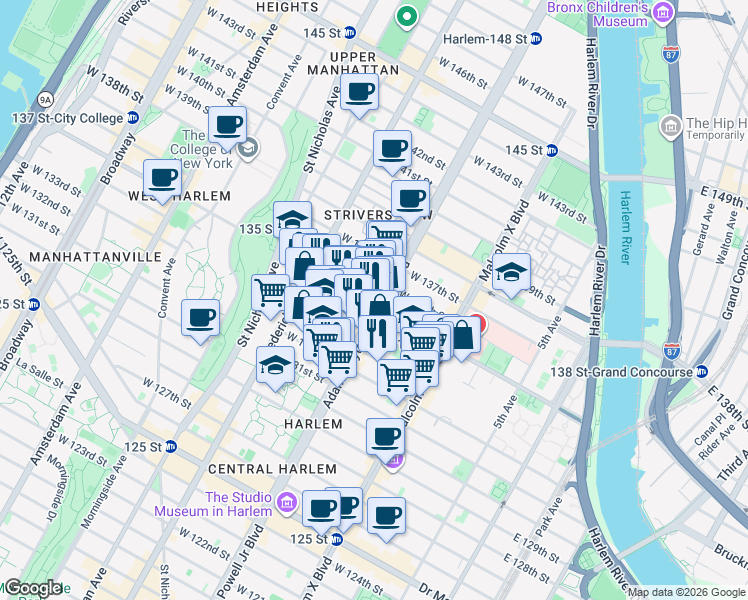map of restaurants, bars, coffee shops, grocery stores, and more near 2300 Adam Clayton Powell Jr Blvd in New York