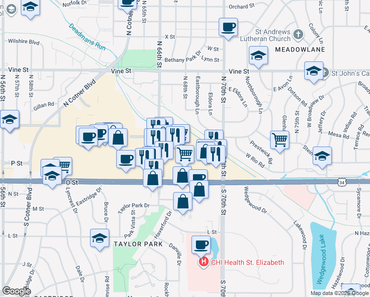 map of restaurants, bars, coffee shops, grocery stores, and more near 6801-6841 P Street in Lincoln