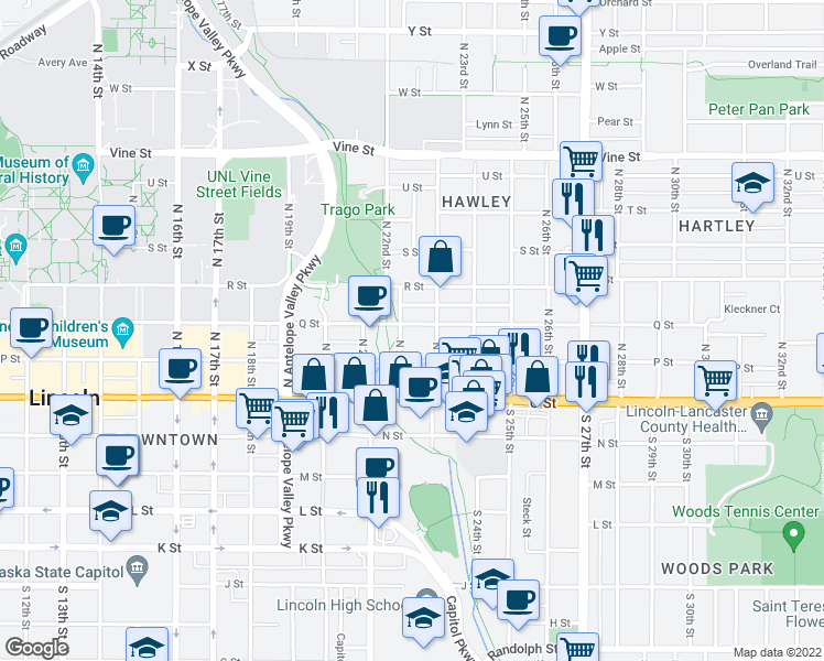 map of restaurants, bars, coffee shops, grocery stores, and more near 2215 Q Street in Lincoln