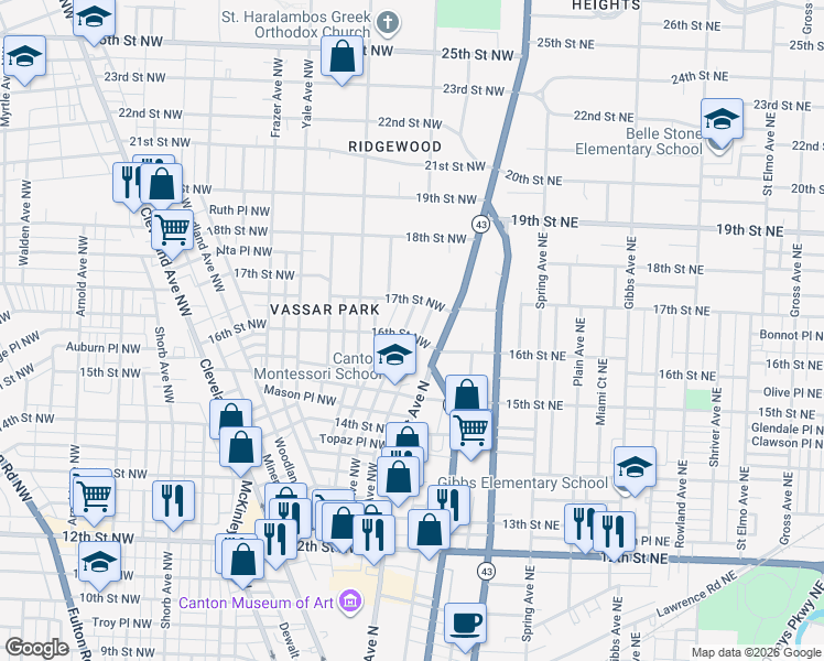 map of restaurants, bars, coffee shops, grocery stores, and more near 120 16th Street Northwest in Canton