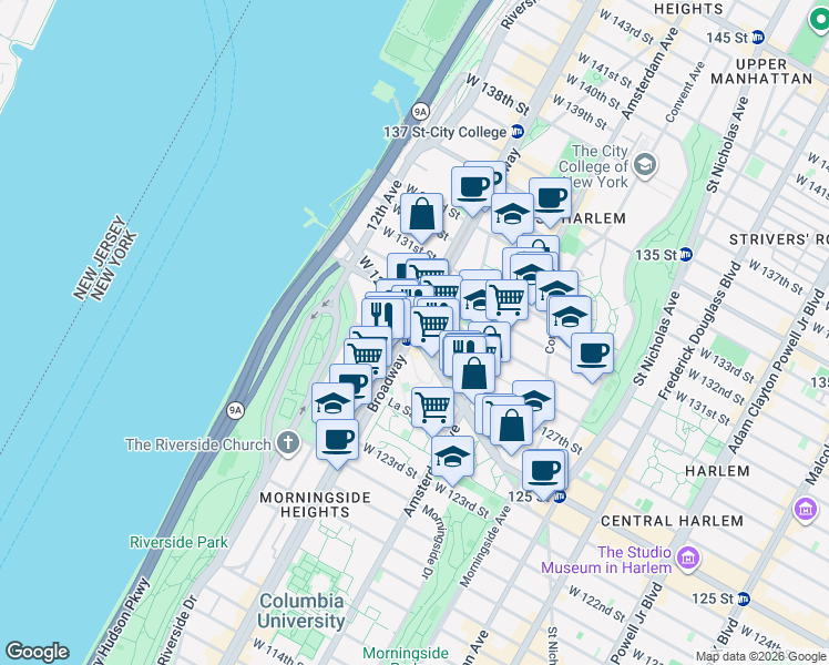 map of restaurants, bars, coffee shops, grocery stores, and more near Broadway & W 125th St in New York