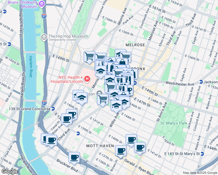 map of restaurants, bars, coffee shops, grocery stores, and more near College Avenue in Bronx