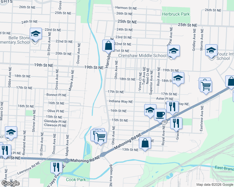 map of restaurants, bars, coffee shops, grocery stores, and more near 2027 Indiana Way Northeast in Canton