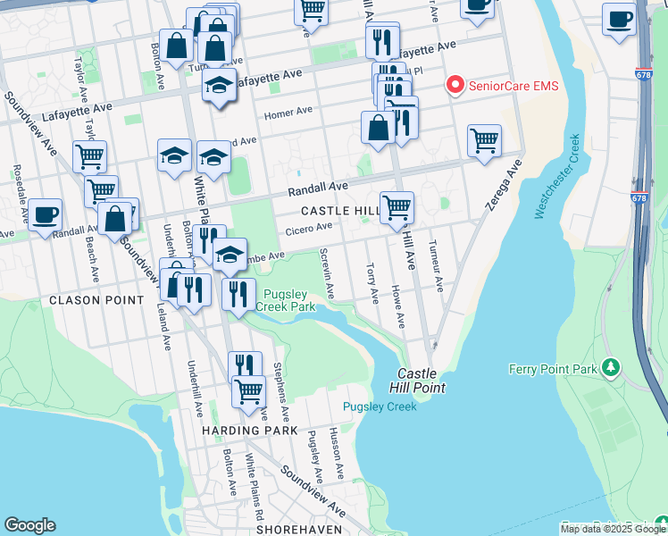 map of restaurants, bars, coffee shops, grocery stores, and more near 418 Screvin Avenue in Bronx