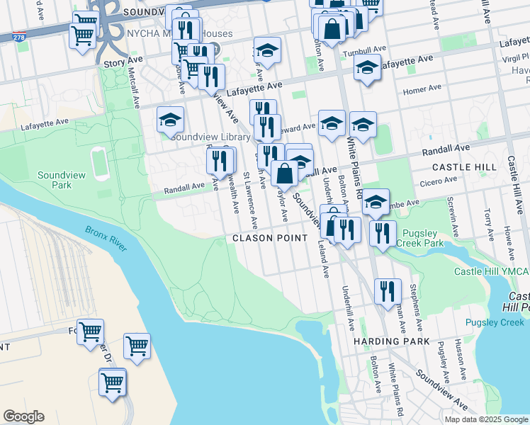 map of restaurants, bars, coffee shops, grocery stores, and more near 1785 Lacombe Avenue in Bronx