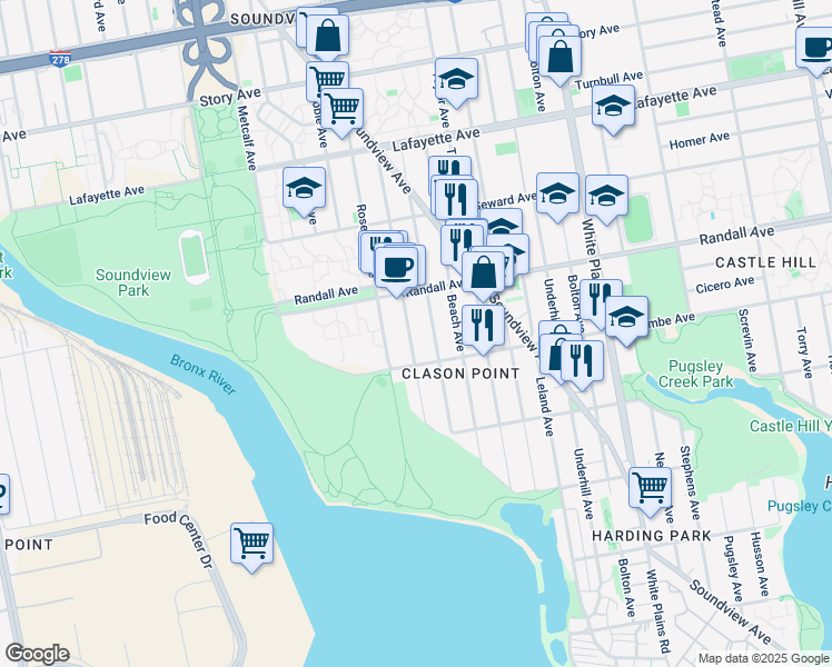map of restaurants, bars, coffee shops, grocery stores, and more near 513 Commonwealth Avenue in The Bronx