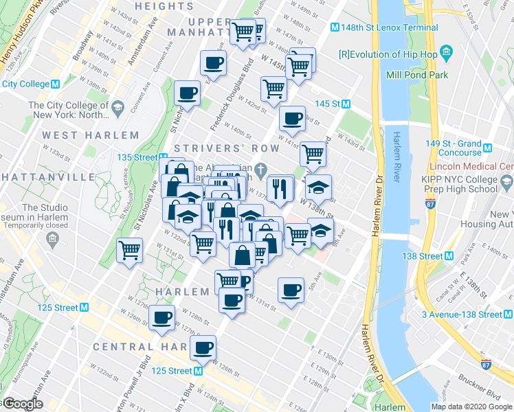 map of restaurants, bars, coffee shops, grocery stores, and more near 139 West 135th Street in New York