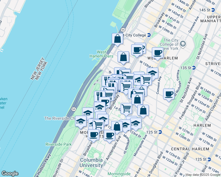 map of restaurants, bars, coffee shops, grocery stores, and more near 189 Claremont Avenue in New York