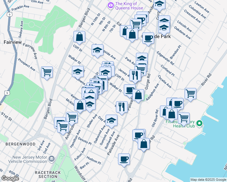 map of restaurants, bars, coffee shops, grocery stores, and more near 281 John Street in Cliffside Park