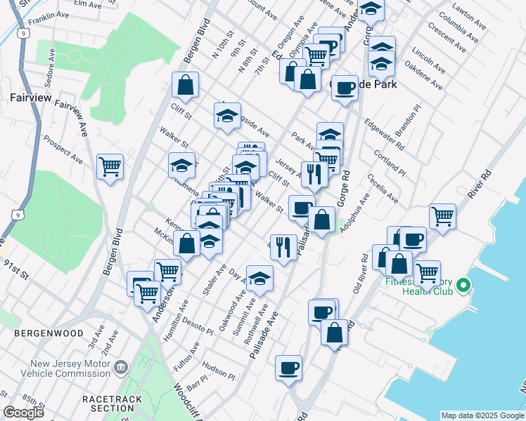 map of restaurants, bars, coffee shops, grocery stores, and more near 281 John Street in Cliffside Park