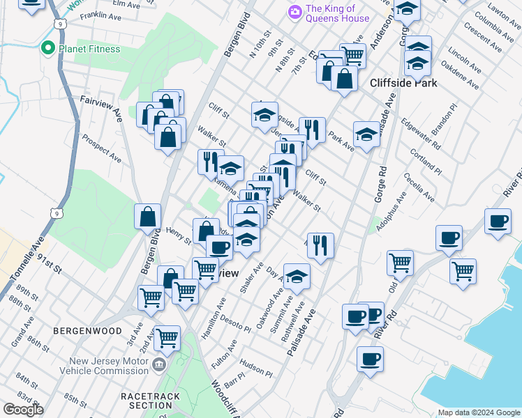 map of restaurants, bars, coffee shops, grocery stores, and more near 201 Anderson Avenue in Fairview