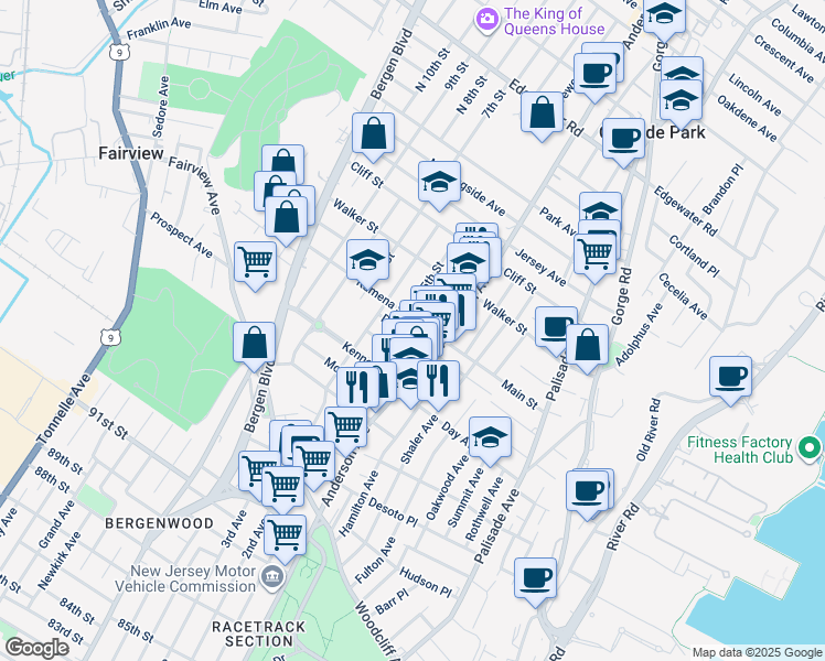 map of restaurants, bars, coffee shops, grocery stores, and more near 201 Anderson Avenue in Fairview