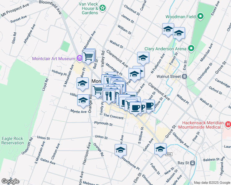 map of restaurants, bars, coffee shops, grocery stores, and more near 556 Bloomfield Avenue in Montclair