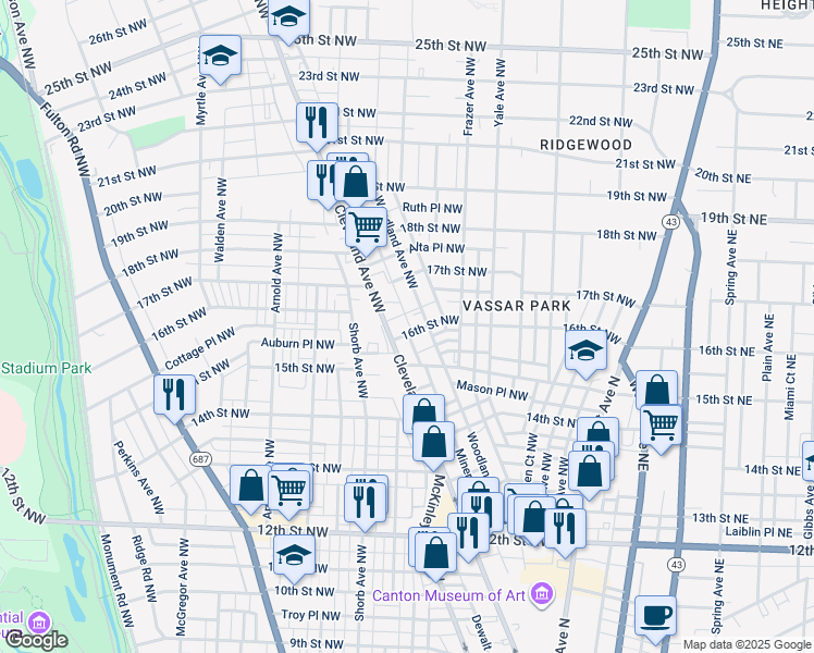 map of restaurants, bars, coffee shops, grocery stores, and more near 1503 Woodland Avenue Northwest in Canton