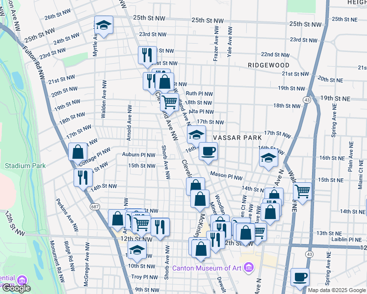 map of restaurants, bars, coffee shops, grocery stores, and more near 1523 Cleveland Avenue Northwest in Canton