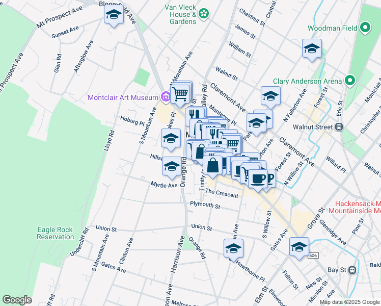 map of restaurants, bars, coffee shops, grocery stores, and more near 49 Orange Road in Montclair