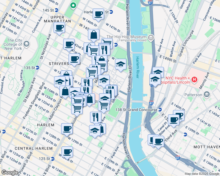 map of restaurants, bars, coffee shops, grocery stores, and more near 2252 5th Avenue in New York