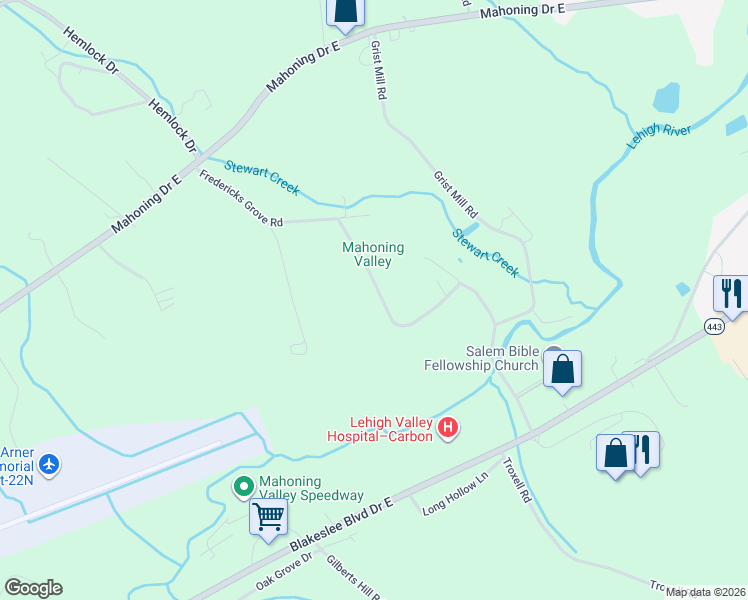 map of restaurants, bars, coffee shops, grocery stores, and more near 353-899 Frederick's Grove Rd in Lehighton