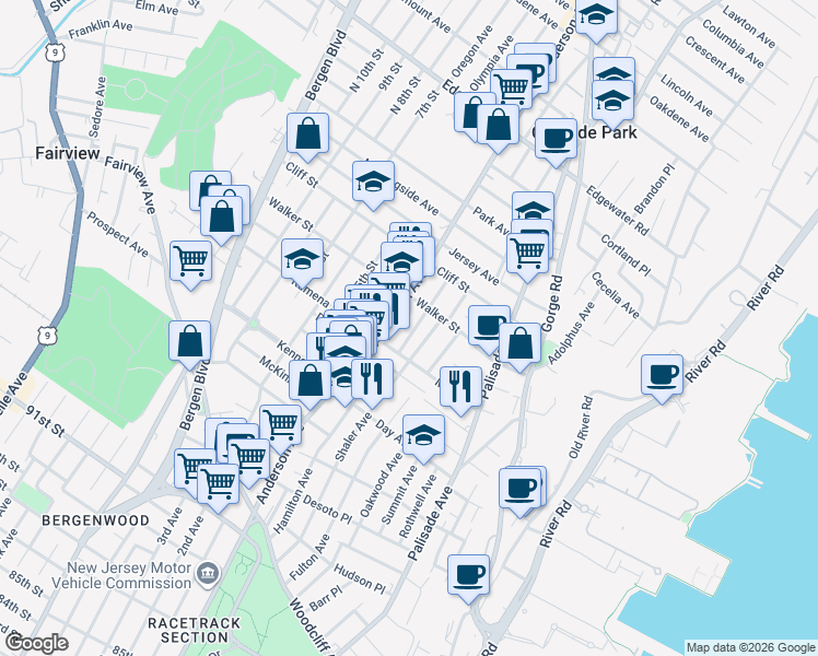 map of restaurants, bars, coffee shops, grocery stores, and more near 263 Main Street in Cliffside Park