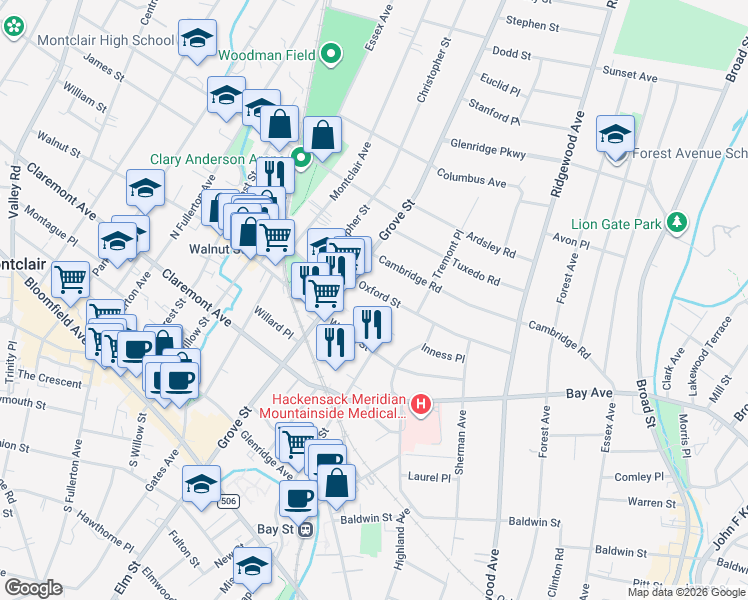 map of restaurants, bars, coffee shops, grocery stores, and more near 24 Walnut Parkway in Montclair