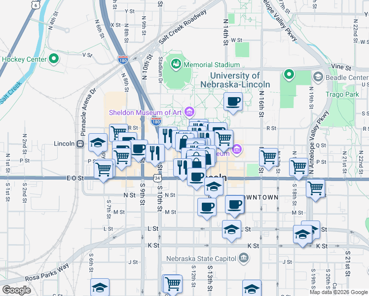 map of restaurants, bars, coffee shops, grocery stores, and more near 1120 P Street in Lincoln