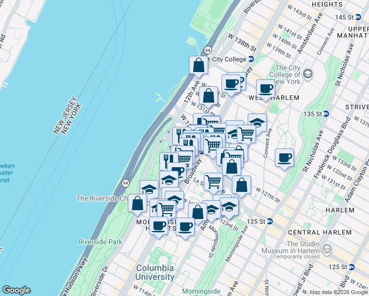map of restaurants, bars, coffee shops, grocery stores, and more near 66 Tiemann Place in New York