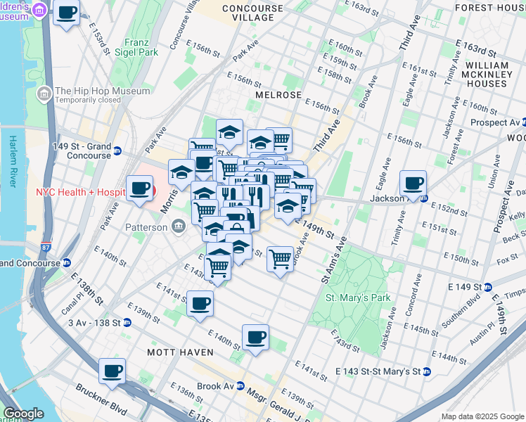 map of restaurants, bars, coffee shops, grocery stores, and more near 530 Willis Avenue in The Bronx