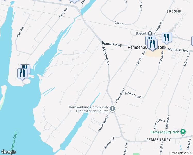 map of restaurants, bars, coffee shops, grocery stores, and more near 12 Cedar Lane in Remsenburg-Speonk