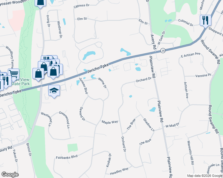 map of restaurants, bars, coffee shops, grocery stores, and more near 5 Nome Drive in Woodbury