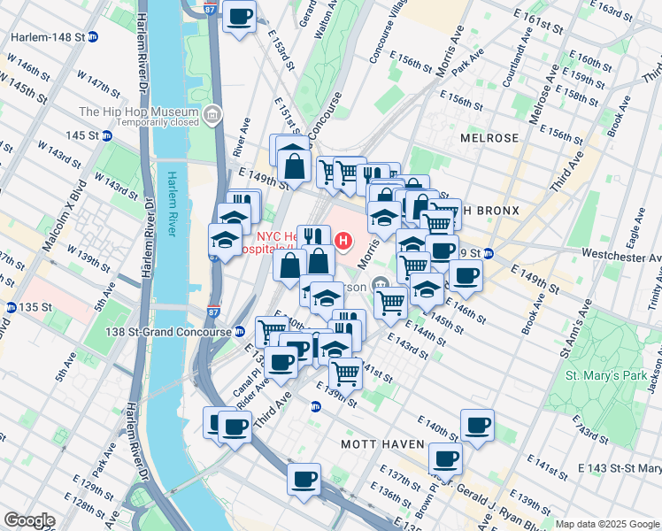 map of restaurants, bars, coffee shops, grocery stores, and more near 375 Rider Avenue in The Bronx