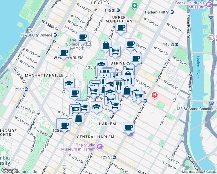 map of restaurants, bars, coffee shops, grocery stores, and more near 2480 Frederick Douglass Boulevard in New York