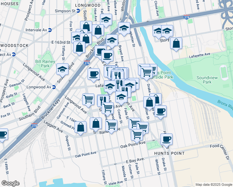 map of restaurants, bars, coffee shops, grocery stores, and more near 711 Faile Street in Bronx
