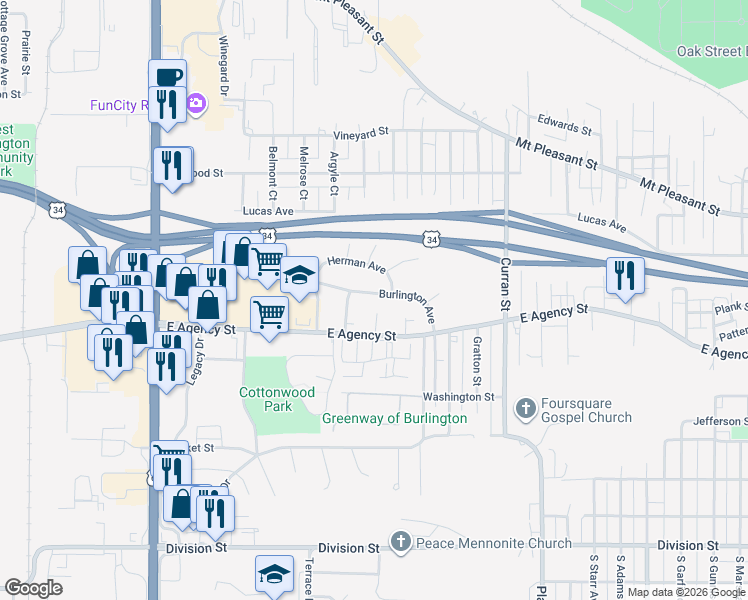 map of restaurants, bars, coffee shops, grocery stores, and more near 505 Virdell Court in Burlington