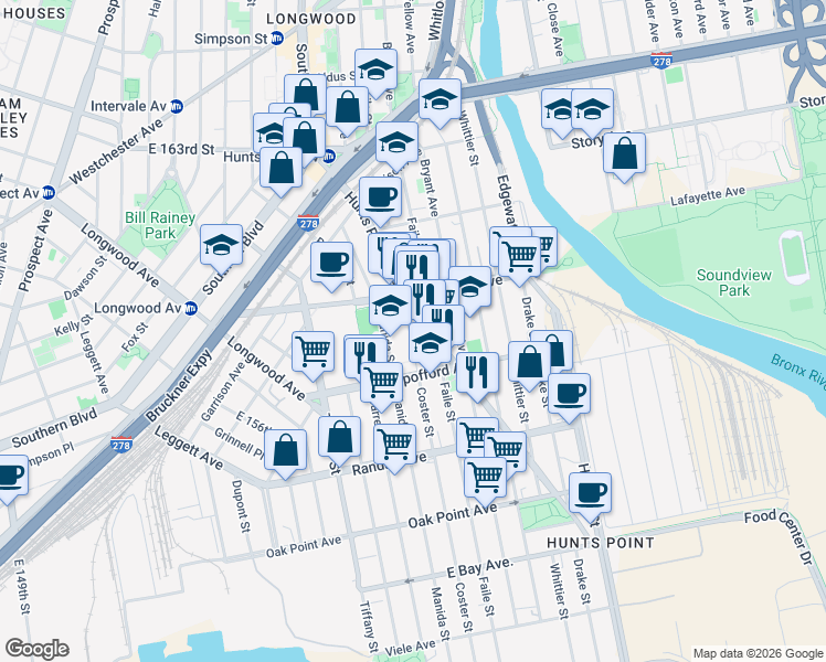 map of restaurants, bars, coffee shops, grocery stores, and more near 711 Faile Street in Bronx