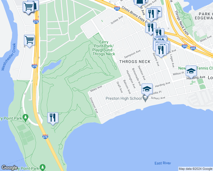 map of restaurants, bars, coffee shops, grocery stores, and more near 284 Davis Avenue in The Bronx