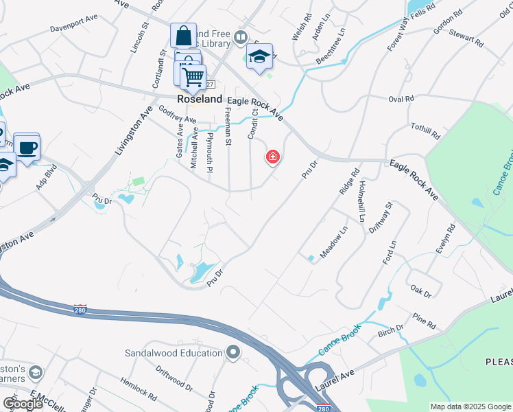 map of restaurants, bars, coffee shops, grocery stores, and more near 72 Freeman Street in Roseland