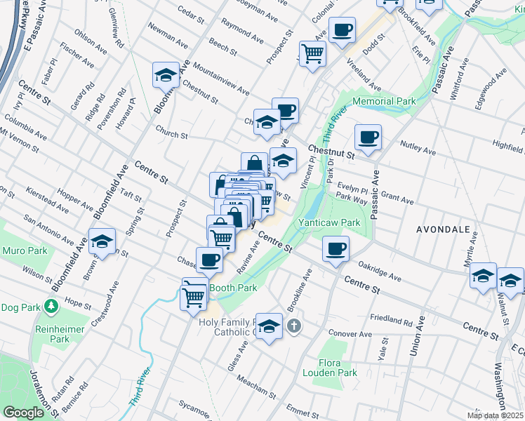 map of restaurants, bars, coffee shops, grocery stores, and more near 376 Centre Street in Nutley