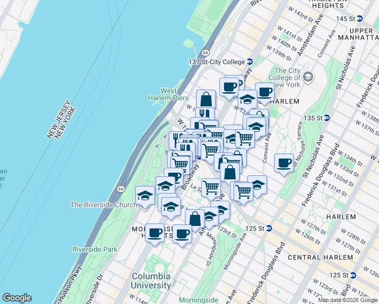 map of restaurants, bars, coffee shops, grocery stores, and more near 43 Tiemann Place in New York