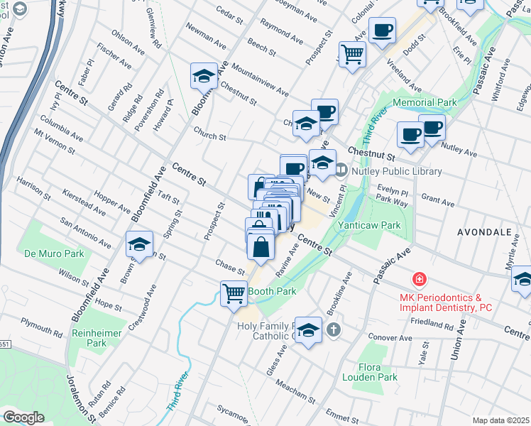 map of restaurants, bars, coffee shops, grocery stores, and more near 397 Centre Street in Nutley