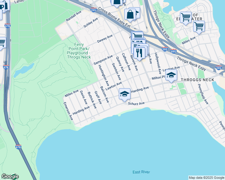 map of restaurants, bars, coffee shops, grocery stores, and more near 224 Huntington Avenue in Bronx