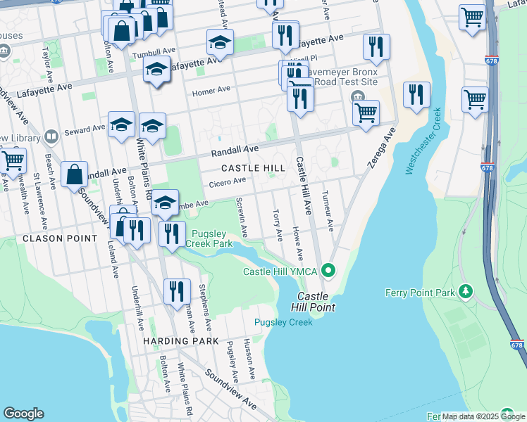 map of restaurants, bars, coffee shops, grocery stores, and more near 421 Torry Avenue in The Bronx