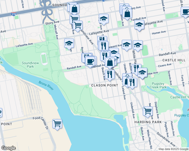 map of restaurants, bars, coffee shops, grocery stores, and more near 513 Commonwealth Avenue in The Bronx