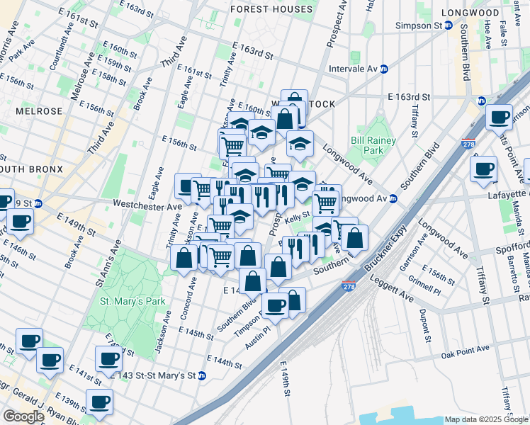 map of restaurants, bars, coffee shops, grocery stores, and more near 835b East 152nd Street in The Bronx