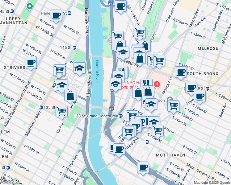 map of restaurants, bars, coffee shops, grocery stores, and more near in The Bronx