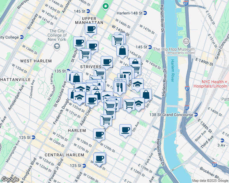 map of restaurants, bars, coffee shops, grocery stores, and more near in New York
