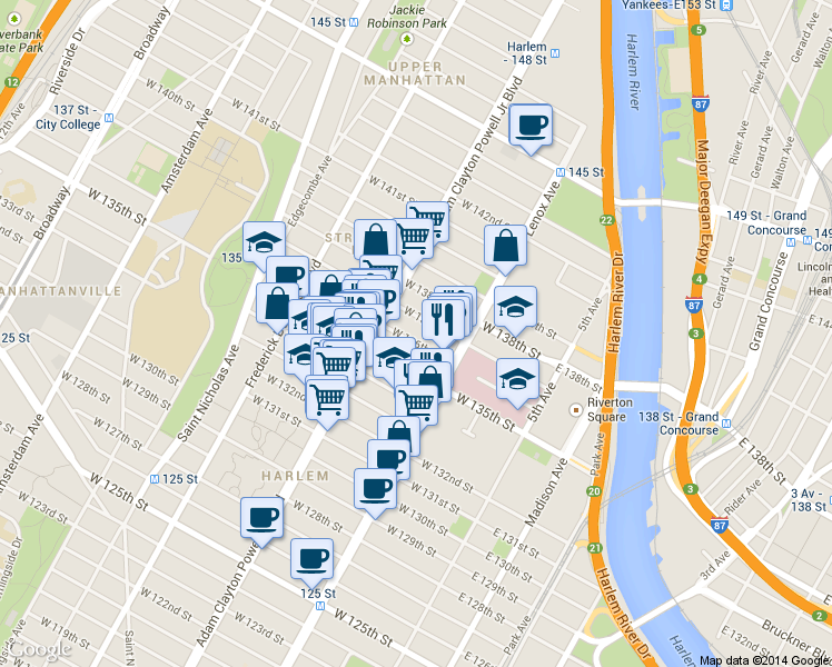 map of restaurants, bars, coffee shops, grocery stores, and more near 139 West 135th Street in New York